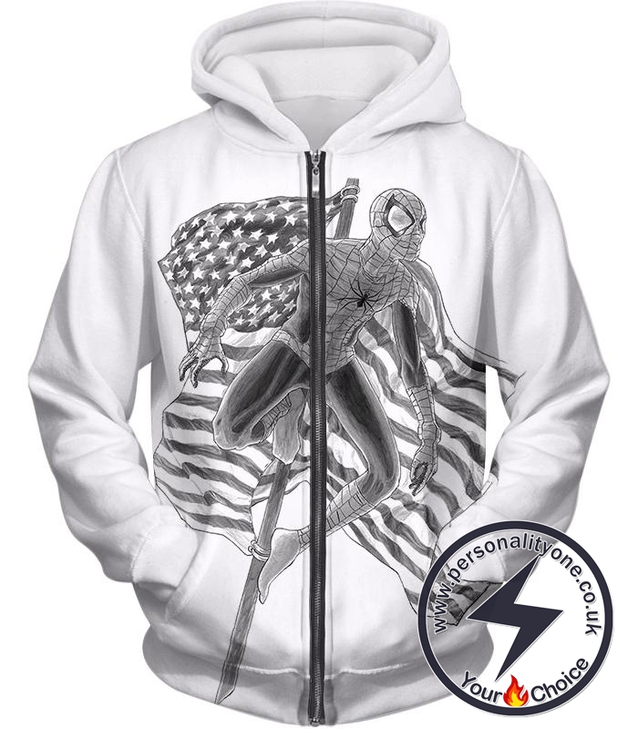 Favourite American Hero Spiderman Sketch White Zip Up Hoodie